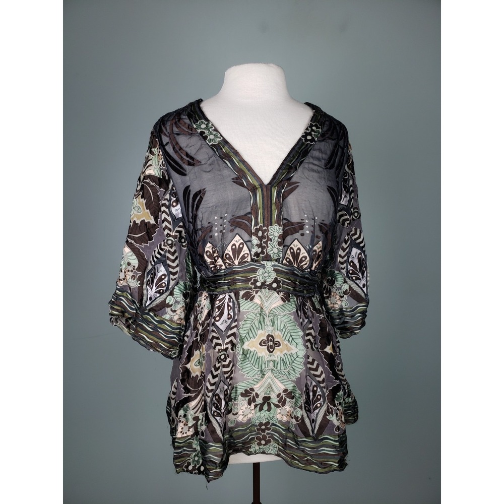 Eci Women's 1X Top Satin Burnout Brown Green Whimsigoth Dark‎ Romantic Fairy Y2K